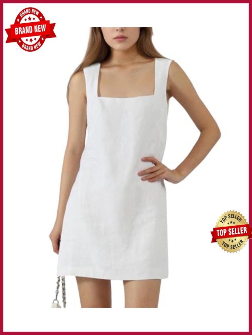 100% Linen Mini Dress Square Neck Sleeveless A-Line Above Knee Casual